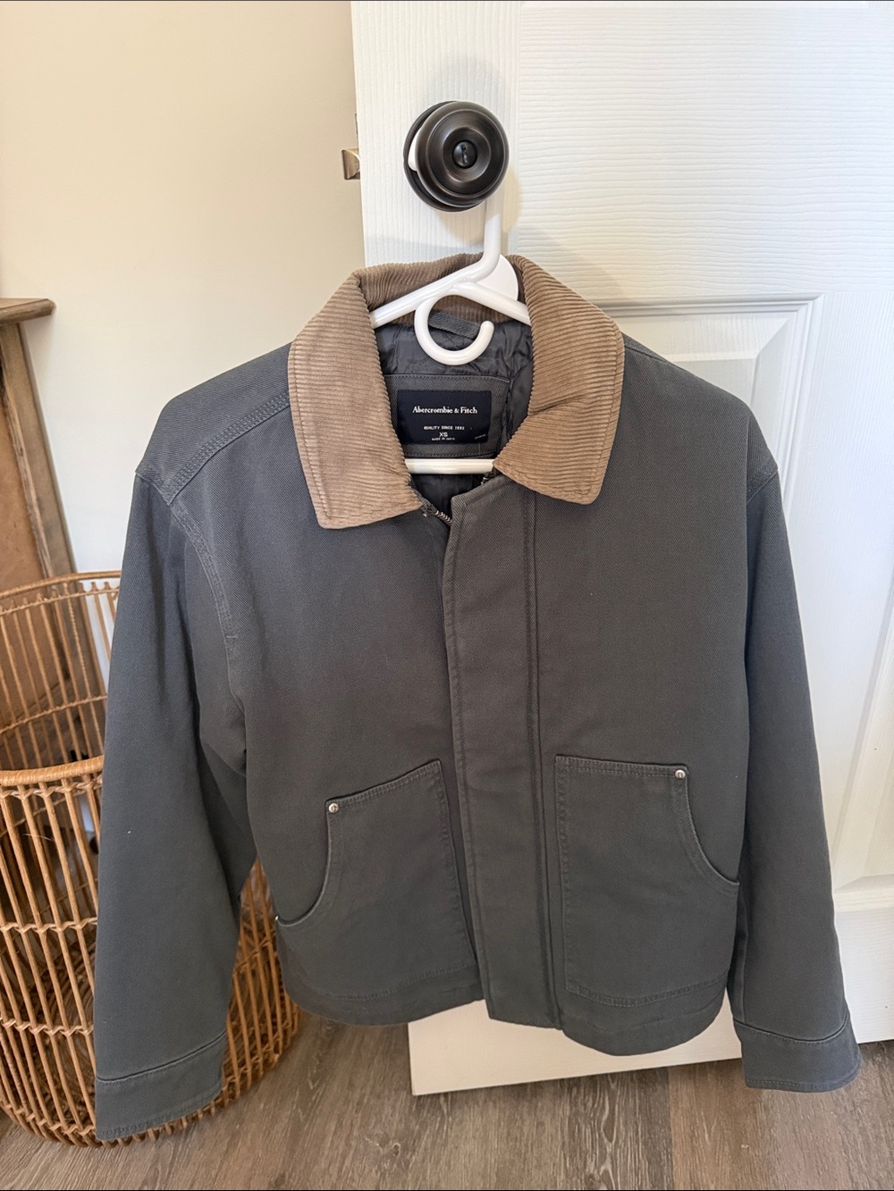 Abercrombie & Fitch Gray Bomber Jacket with Tan Collar